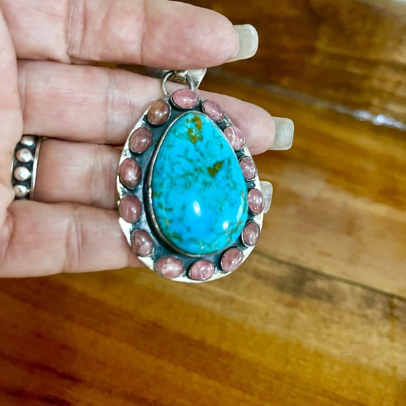 SOLD …..Native Turquoise and Rhodochrosite Pendant - Picture 3 of 6